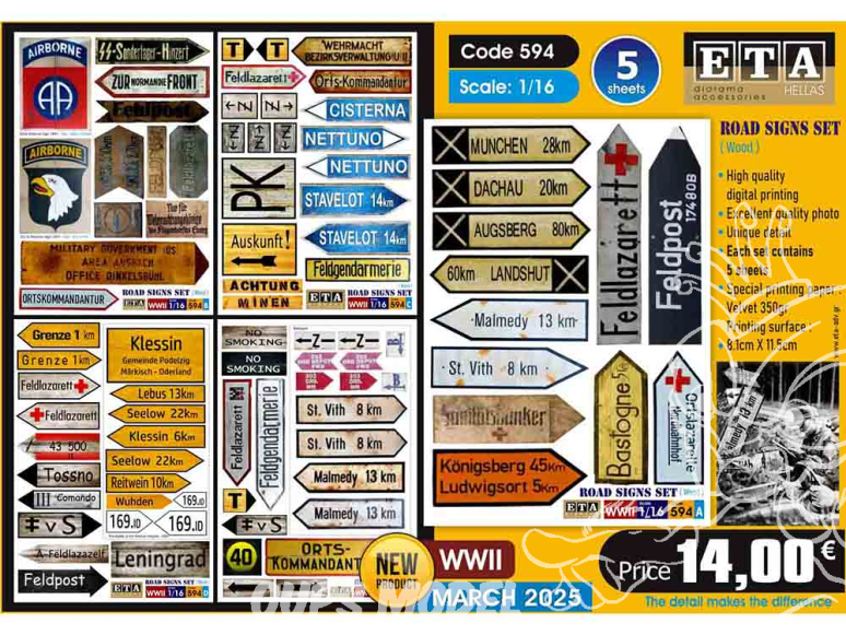 ETA diorama 594 Panneaux routiers type Bois de la Seconde Guerre mondiale 1/16