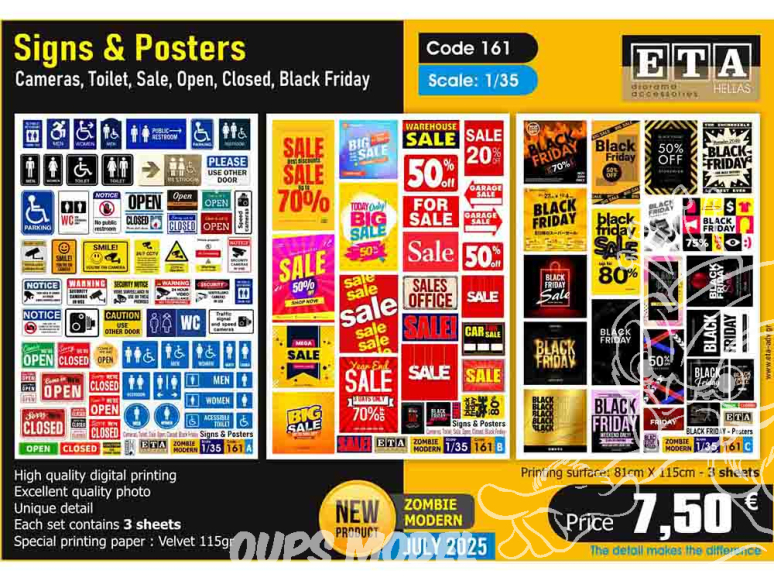 ETA diorama 161 Panneaux et affiches Toilettes, Soldes, Ouvert, Fermé, Black Friday 1/35