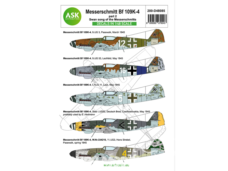 ASK Art Scale Kit Décalcomanies D48085 Messerschmitt Bf 109K-4 Partie 2 Swan song of the Messerschmitts 1/48