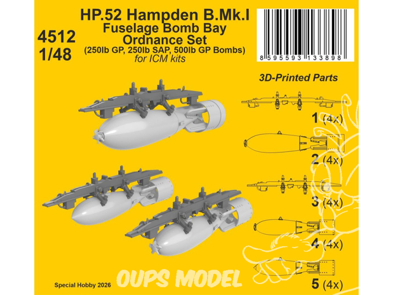 CMK kit resine 4512 HP.52 Hampden B.Mk.I Ensemble d'armement de soute à bombes du fuselage kit ICM 1/48
