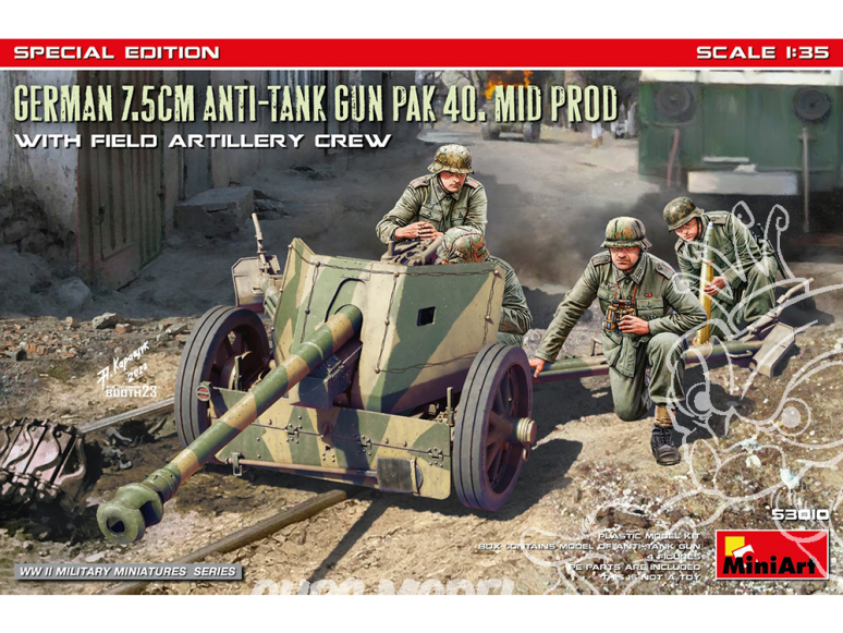 Mini Art maquette militaire 53010 Canon antichar allemand 7,5 cm PAK 40 MID PROD avec équipe d'artillerie Édition spéciale 1/35