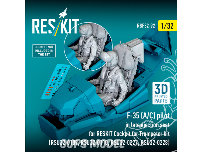 ResKit Figurine RSF32-0092 Pilote de F-35A/C en siège éjectable tardif pour cockpit RESKIT destiné au kit Trumpeter en 3D 1/32