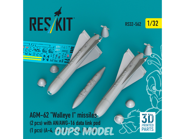 ResKit kit RS32-0562 Missiles AGM-62 Walleye I 2unités nacelle de liaison de données AN/AWG-16 1unité Impression 3D 1/32