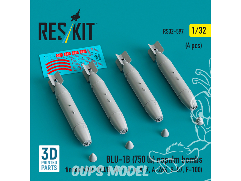 ResKit kit RS32-0597 Bombes au napalm BLU-1B (750 lb) à ailerons MXU-393/B 4p 3D 1/32