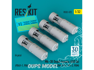 ResKit kit RS32-0572 Bombes de profondeur Mk-38 650 lb 4unités imprimées en 3D 1/32