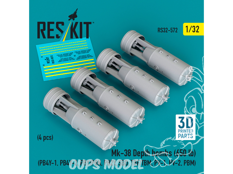 ResKit kit RS32-0572 Bombes de profondeur Mk-38 650 lb 4unités imprimées en 3D 1/32