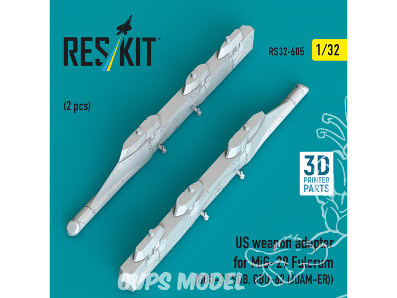 ResKit kit RS32-0605 Adaptateur d'armement américain pour MiG-29 Fulcrum 2 pièces : GBU-39 SDB, GBU-62 JDAM-ER 3D 1/32