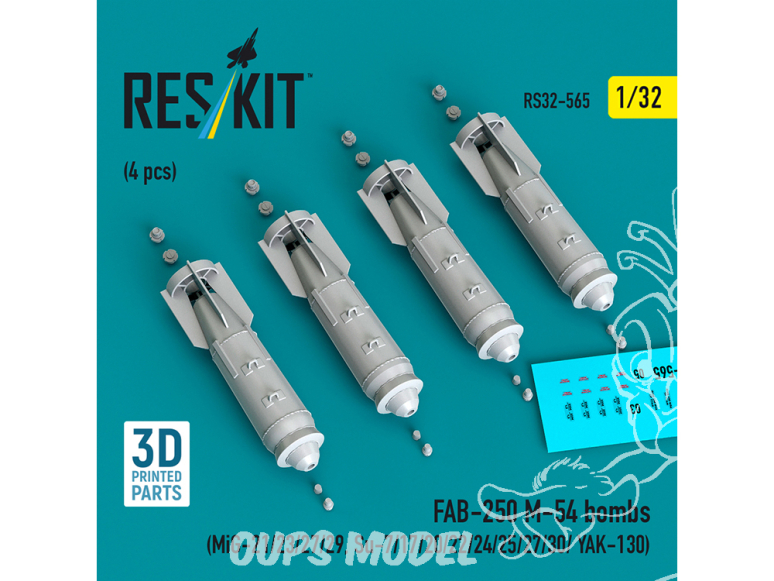 ResKit kit RS32-0565 FAB-250 Bombes M-54, 4 pièces, imprimées en 3D 1/32