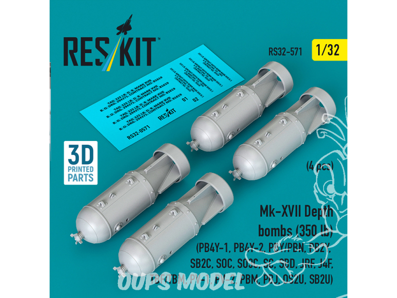 ResKit kit RS32-0571 Bombes de profondeur Mk-XVII 350 lb, 4 pièces, imprimées en 3D 1/32