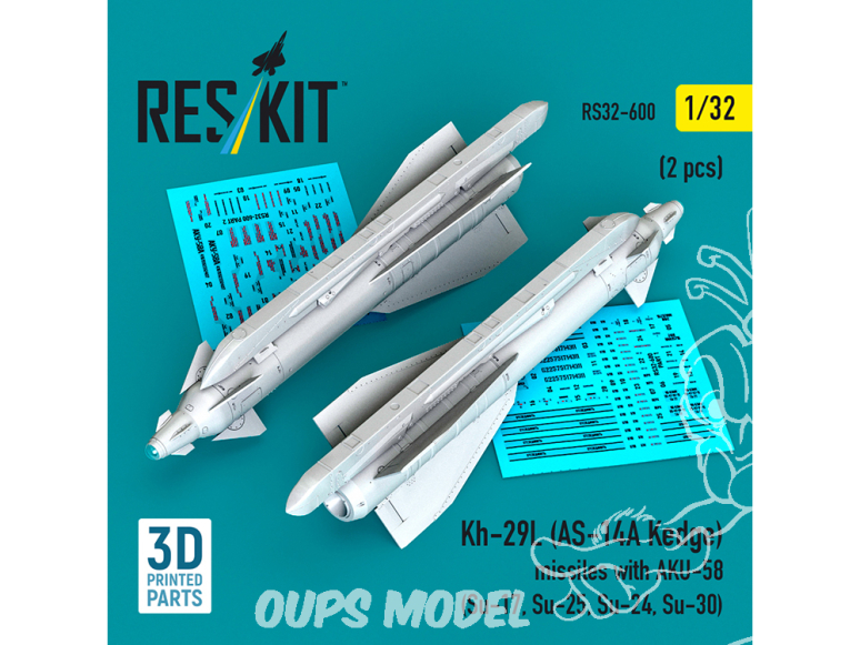 ResKit kit RS32-0600 Kh-29T Kh-29L AS-14A Kedge missiles with AKU-58 2 pièces, imprimées en 3D 1/32