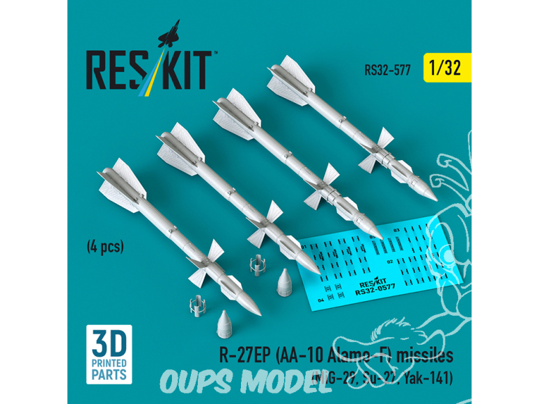ResKit kit RS32-0577 Missiles R-27EP AA-10 Alamo-F 4 pièces imprimés en 3D 1/32