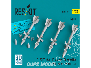 ResKit kit RS32-0581 Missiles R-27ER AA-10 Alamo-C 4 pièces imprimés en 3D 1/32