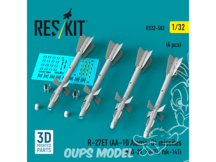 ResKit kit RS32-0582 Missiles R-27ET AA-10 Alamo-D 4 pièces imprimés en 3D 1/32