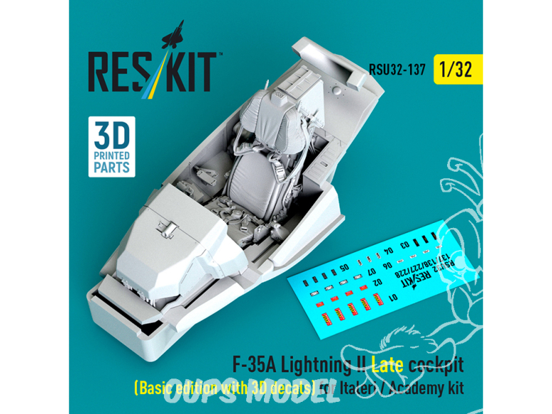 ResKit RSU32-0137 F-35A Lightning II cockpit tardif édition basic décalcomanies 3D pour Italeri / Academy 3D 1/32