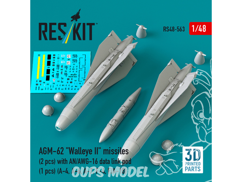 ResKit kit RS48-0563 2 missiles AGM-62 Walleye II avec 1 nacelle de liaison de données AN/AWG-16 imprimé 3D 1/48
