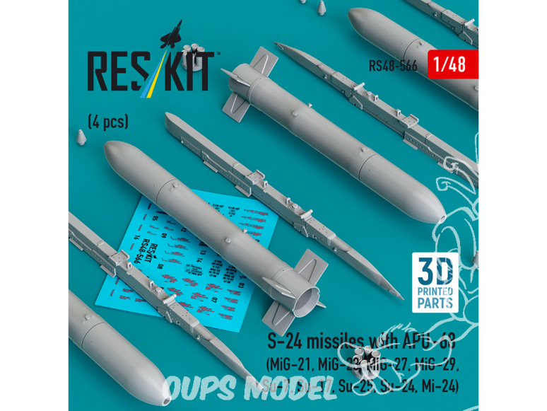 ResKit kit RS48-0566 Missiles S-24 avec APU-68 (4 pièces) imprimés en 3D 1/48
