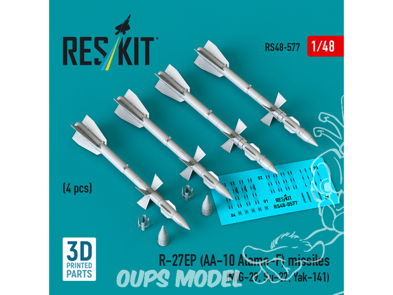 ResKit kit RS48-0577 Missiles R-27EP AA-10 Alamo-F 4 pièces imprimés en 3D 1/48