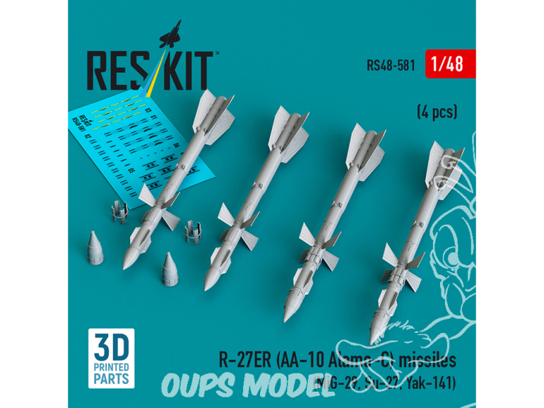 ResKit kit RS48-0581 Missiles R-27ER AA-10 Alamo-C 4 pièces imprimés en 3D 1/48