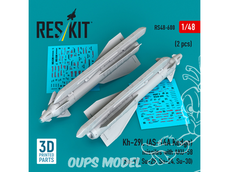 ResKit kit RS48-0600 Kh-29T Kh-29L AS-14A Kedge missiles with AKU-58 2 pièces, imprimées en 3D 1/48
