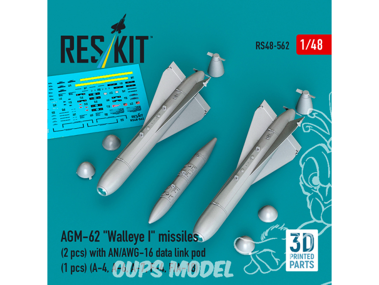 ResKit kit RS48-0562 Missiles AGM-62 Walleye I 2unités nacelle de liaison de données AN/AWG-16 1unité Impression 3D 1/48