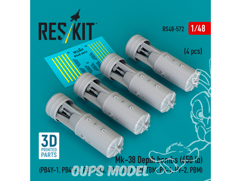 ResKit kit RS48-0572 Bombes de profondeur Mk-38 650 lb 4unités imprimées en 3D 1/48