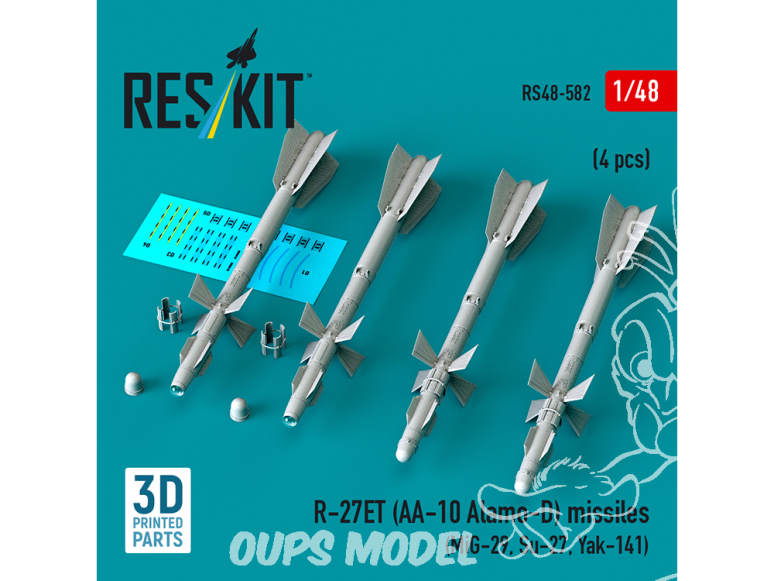 ResKit kit RS48-0582 Missiles R-27ET AA-10 Alamo-D 4 pièces imprimés en 3D 1/48