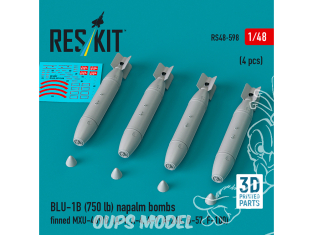ResKit kit RS48-0598 Bombes au napalm BLU-1B 750 lb à ailerons MXU-469/B 4p 3D 1/48