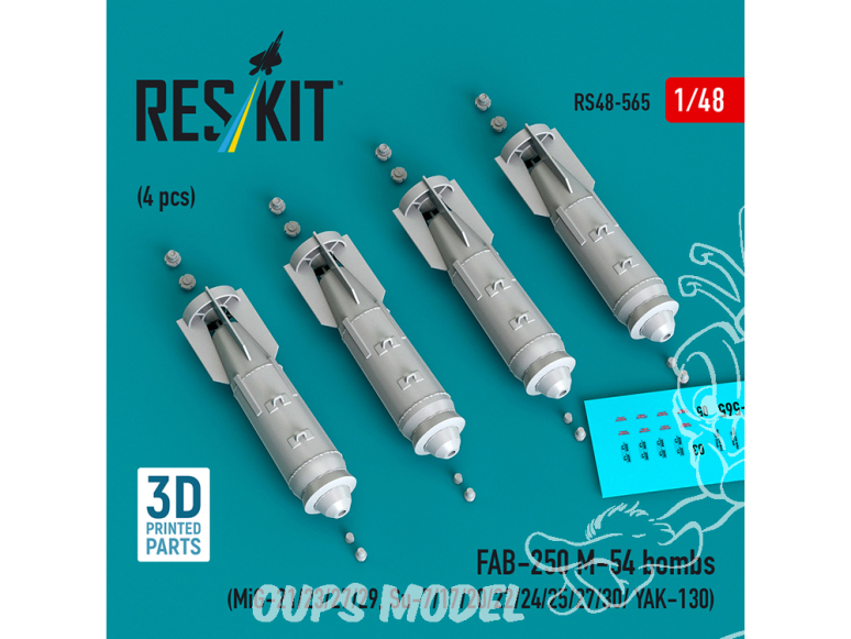 ResKit kit RS48-0565 FAB-250 Bombes M-54, 4 pièces, imprimées en 3D 1/48