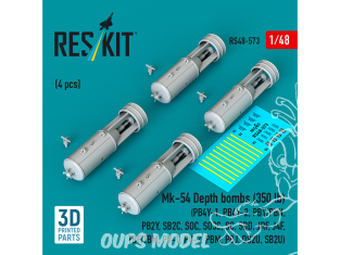 ResKit kit RS48-0573 Bombes de profondeur Mk-54 de 350 lb 4 pièces imprimées en 3D 1/48