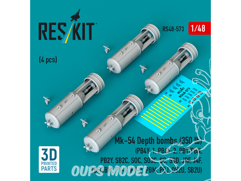 ResKit kit RS48-0573 Bombes de profondeur Mk-54 de 350 lb 4 pièces imprimées en 3D 1/48