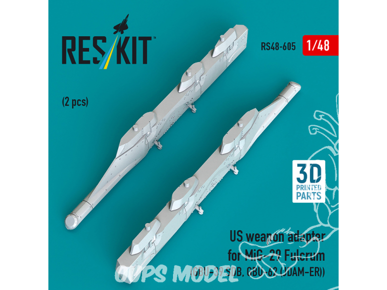 ResKit kit RS48-0605 Adaptateur d'armement américain pour MiG-29 Fulcrum 2 pièces : GBU-39 SDB, GBU-62 JDAM-ER 3D 1/48