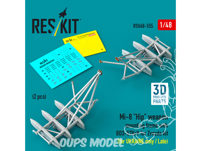 ResKit kit d'amelioration Hélico RSU48-0555 Cadre de montage d'arme Mi-8 Hip avec BD3-57KrV pour kit Zvezda 3D 1/48