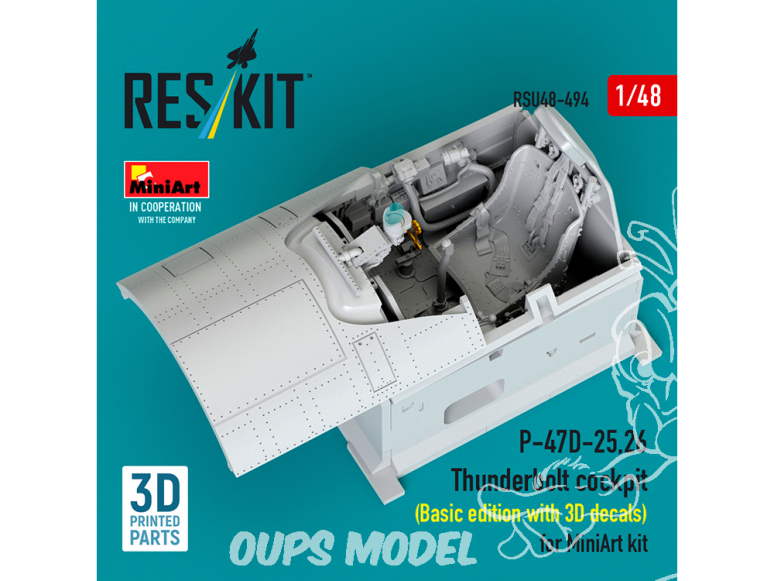 ResKit kit d'amelioration avion RSU48-0494 Cockpit P-47D-25,26 Thunderbolt édition de base décalco 3D kit MiniArt imp 3D 1/48