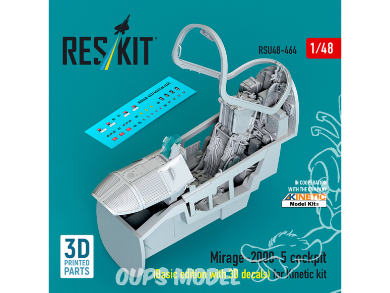 ResKit kit d'amelioration avion RSU48-0464 Cockpit Mirage-2000-5 édition de base avec décalcomanies 3D pour kit Kinetic 1/48