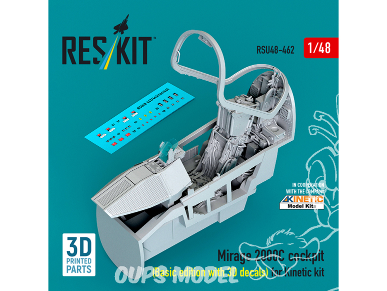 ResKit kit d'amelioration avion RSU48-0462 Cockpit Mirage-2000C édition de base avec décalcomanies 3D pour kit Kinetic 1/48