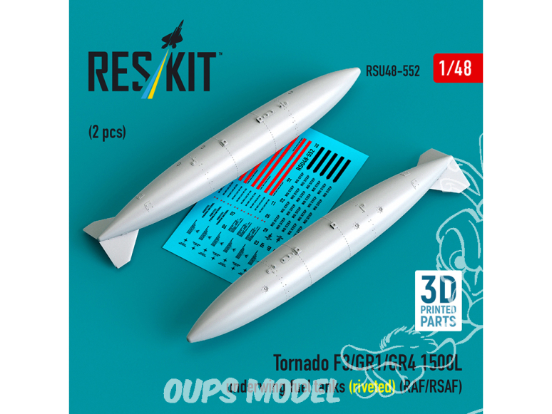 ResKit kit d'amelioration Avion RSU48-0552 Réservoirs carburant sous aile 1500 L Tornado F3/GR1/GR4 rivetés RAF/RSAF 2p 1/48