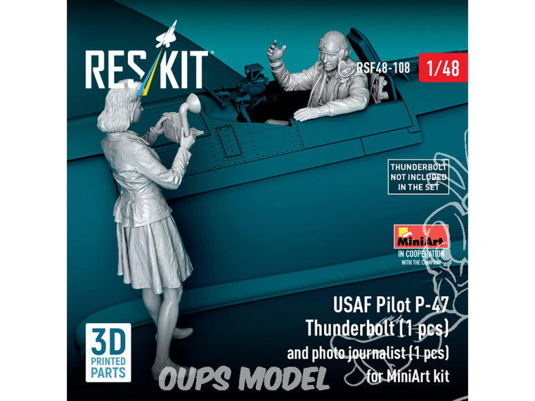 ResKit Figurine RSF48-0108 Figurine de pilote de l'USAF P-47 Thunderbolt et une figurine de journaliste Kit MiniArt Imp 3D 1/48