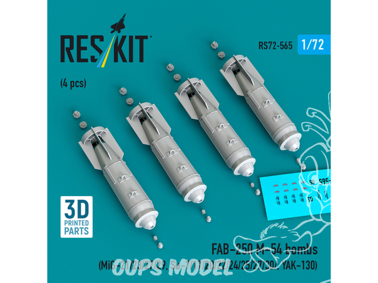 ResKit kit RS72-0565 FAB-250 Bombes M-54, 4 pièces, imprimées en 3D 1/72