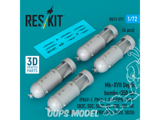 ResKit kit RS72-0571 Bombes de profondeur Mk-XVII 350 lb, 4 pièces, imprimées en 3D 1/72