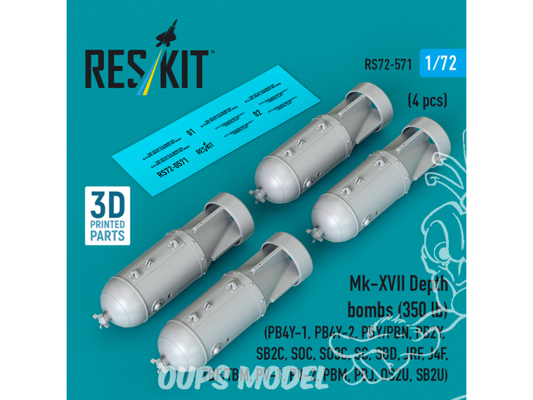 ResKit kit RS72-0571 Bombes de profondeur Mk-XVII 350 lb, 4 pièces, imprimées en 3D 1/72