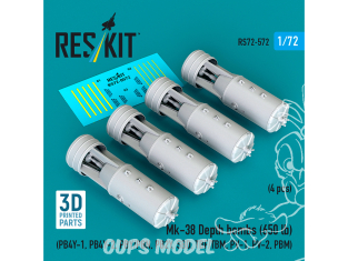 ResKit kit RS72-0572 Bombes de profondeur Mk-38 650 lb 4unités imprimées en 3D 1/72