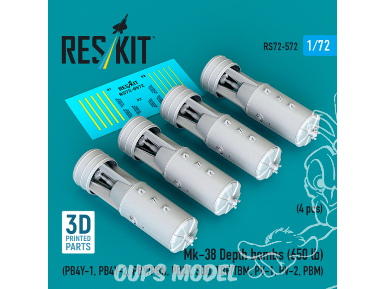 ResKit kit RS72-0572 Bombes de profondeur Mk-38 650 lb 4unités imprimées en 3D 1/72