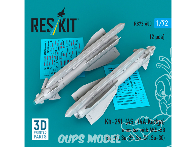 ResKit kit RS72-0600 Kh-29T Kh-29L AS-14A Kedge missiles with AKU-58 2 pièces, imprimées en 3D 1/72