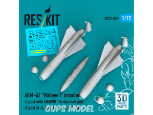 ResKit kit RS72-0562 Missiles AGM-62 Walleye I 2unités nacelle de liaison de données AN/AWG-16 1unité Impression 3D 1/72