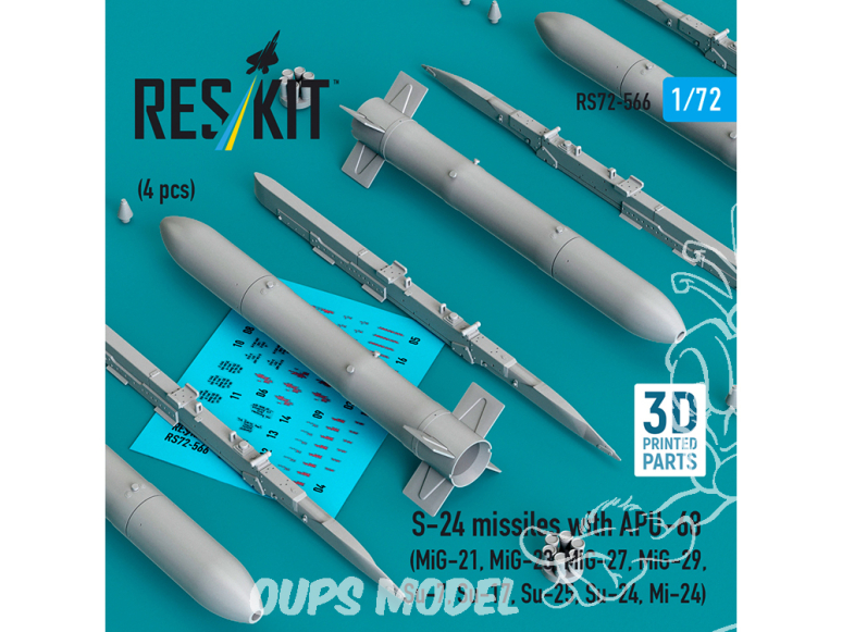 ResKit kit RS72-0566 Missiles S-24 avec APU-68 (4 pièces) imprimés en 3D 1/72