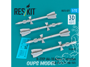 ResKit kit RS72-0577 Missiles R-27EP AA-10 Alamo-F 4 pièces imprimés en 3D 1/72