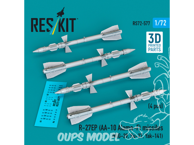 ResKit kit RS72-0577 Missiles R-27EP AA-10 Alamo-F 4 pièces imprimés en 3D 1/72