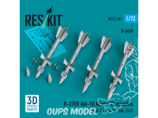 ResKit kit RS72-0581 Missiles R-27ER AA-10 Alamo-C 4 pièces imprimés en 3D 1/72
