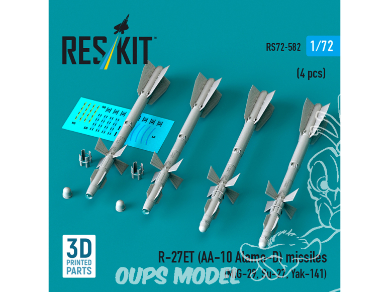 ResKit kit RS72-0582 Missiles R-27ET AA-10 Alamo-D 4 pièces imprimés en 3D 1/72
