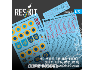 ResKit RSB72-0001MiG-25RBT RBF RBS Foxbat Bleu 73 Bleu 74 Rouge 17 Rouge 19 ukrainiennes Décalcomanies avec pochoirs 1/72